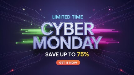 Vibrant Cyber Monday sale advertisement featuring prominent silver 3D text and energetic neon light trails on a dark futuristic di