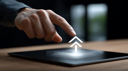 Digital interaction technology touchscreen device modern workspace close-up user engagement