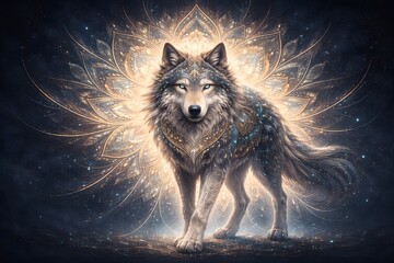 Celestial wolf guardian emerging from a luminous mandala of golden light and stardust