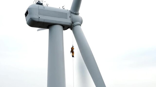 Wind turbine worker rappels down.