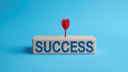 Red dart in wooden block spelling SUCCESS on bright blue background soft light for precise aim and goal achievement
