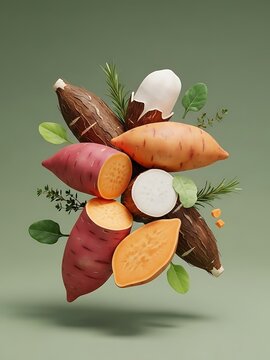 Artistic composition showcasing vibrant sweet potatoes and yuca roots