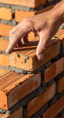 Close-up of bricklayers hand placing brick on wall.