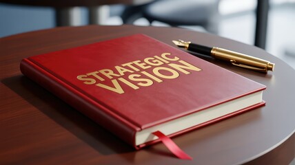 Detailed close up of a bold red book titled Strategic Vision resting on a polished wooden table accompanied by a classic gold foun
