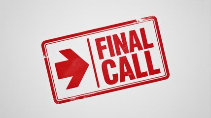 Prominent red rubber stamp featuring the urgent phrase Final Call and a clear directional arrow pointing right on a clean white su