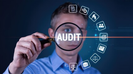 A professional young man in a blue button shirt intently holds a magnifying glass displaying the word AUDIT in a digital interface