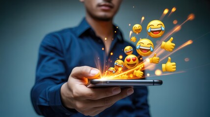 A person holds a smartphone emitting various joyful emojis and thumbs up symbols with bright glowing light streams on a dark blue 