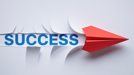 Red paper airplane breaking through white paper revealing the word SUCCESS a bright dynamic concept of progress and achievement