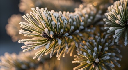 Close-up of frost-covered pine needles in soft winter light, shallow depth of field, natural green tones with icy white highlights, calm seasonal mood, high detail, minimal background, photorealistic,