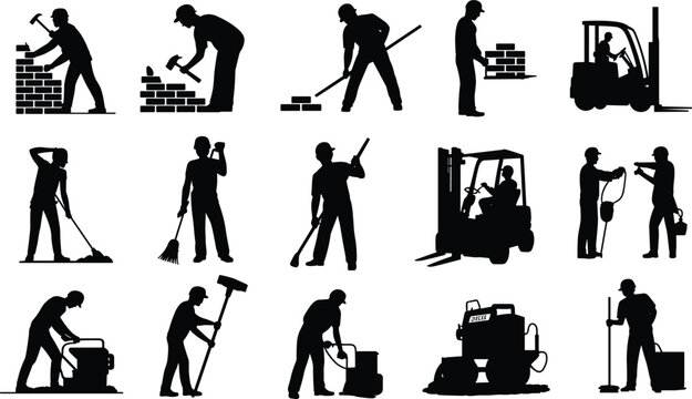 Construction and maintenance worker silhouettes, labor task icons, black vector figures, industrial job poses, facility cleaning illustration set