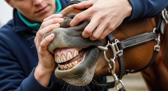 Veterinarian examining horse's teeth