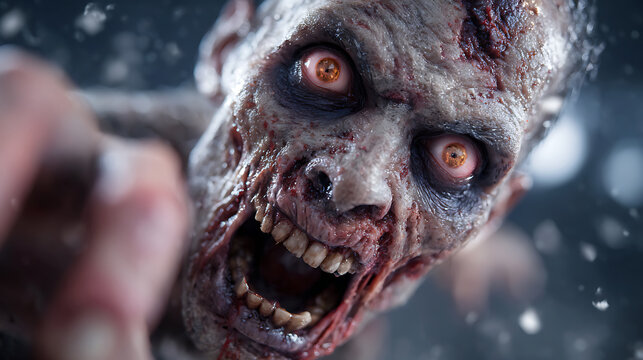 Zombie With Bloodstained Skin Reaching out in a Dark Setting During a Scary Scene
