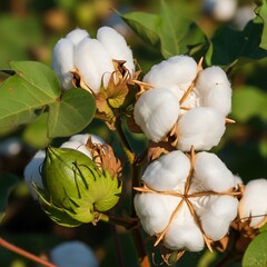 Close-up of Cotton Plant Bolls Ready for Harvest in Sunlight.