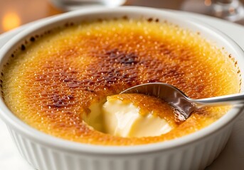 Close-up of Cr?me br?l?e with Spoon Breaking the Caramelized Sugar Crust.
