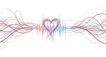 Vibrant multicolored heart rate lines forming a heart shape on a white background with dynamic wave patterns, isolated on transparent background