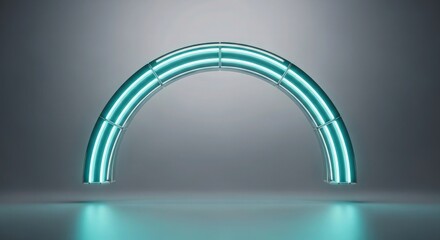 A futuristic teal archway glowing brightly in a dark room with a reflective floor