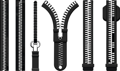 Various zip line zippers on a clear background, illustrating their design elements and practical use..eps © zihad