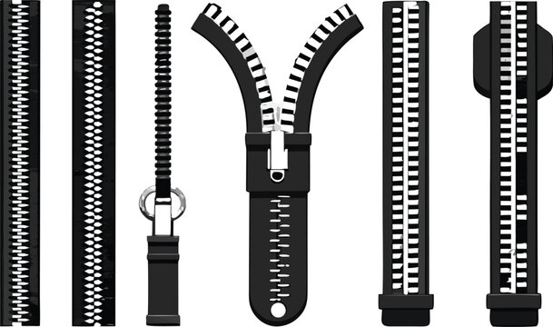 Various zip line zippers on a clear background, illustrating their design elements and practical use..eps