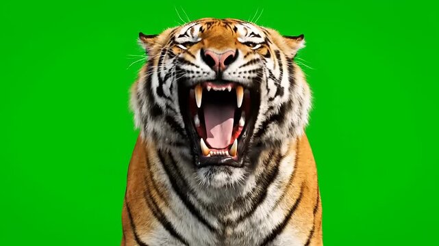 Powerful Bengal tiger roars ferociously, mouth open, sharp teeth visible, isolated on green screen for chroma key compositing