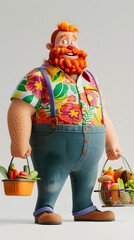 3d Cartoon Character A fat man carrying a fruit basket