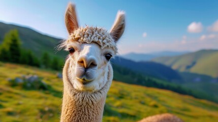 Obraz premium Close-Up of a Friendly Llama in a Scenic Mountain Landscape, Capturing the Beauty of Nature and Wildlife Photography