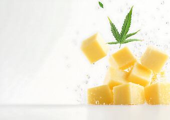Fresh mango cubes arranged artistically with green leaf, creating vibrant and refreshing visual. Perfect for food and health themes