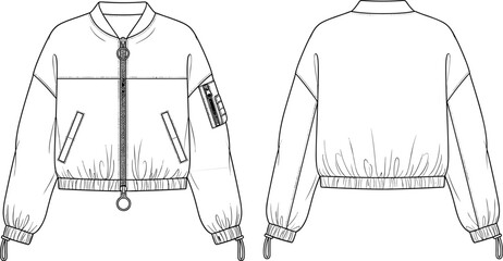 Fashion technical sketch of a women bomber jacket featuring front and back views with zipper details pockets and elastic cuffs in black line art © Moklesur