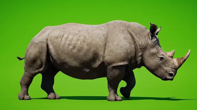 A majestic white rhinoceros, an iconic African mammal, walks gracefully against a vibrant green backdrop, showcasing its impressive horn and powerful physique