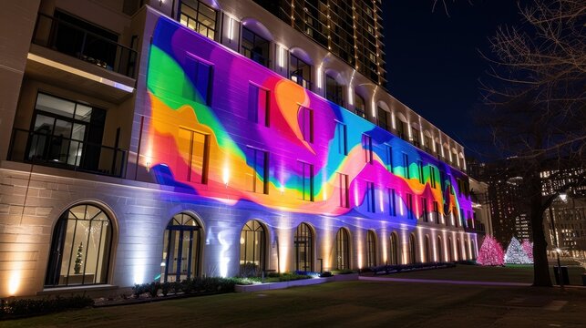Colorful Projection Art Illuminating Modern Building Facade at Night in Urban Environment