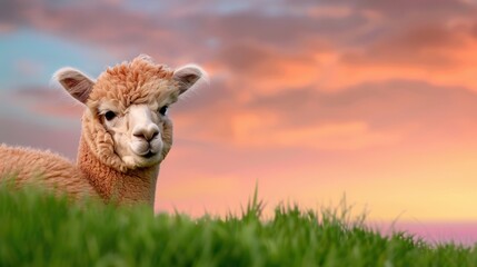 Obraz premium Cute Young Alpaca Sitting in Green Grass During Beautiful Sunset with Colorful Sky in the Background