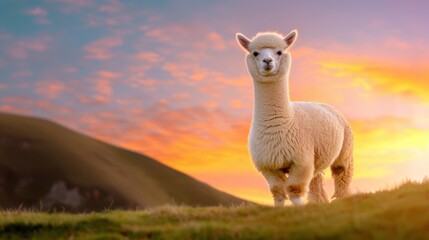 Obraz premium Alpaca Standing in a Sunny Field During a Vibrant Sunset with Mountains in the Background