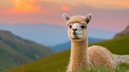 Obraz premium Cute And Fluffy Alpaca Grazing In Green Meadow With Stunning Sunset Background In Mountainous Landscape