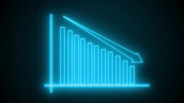High-Tech Animated Graph Chart with Glowing Neon Business Bars, Neon Bar Chart with Downward Trend Arrow