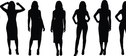 Full Body Silhouette Set of Professional Fashionable Women Posing in Different Elegant Outfits and Styles Isolated on White Background for Commercial Design Projects
