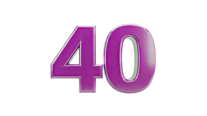 3D Number 40 purple glossy metallic 3D render on transparent background