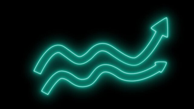 Finance Business Chart in Glowing Neon Light, Glowing Neon Wavy Arrows on Black Background