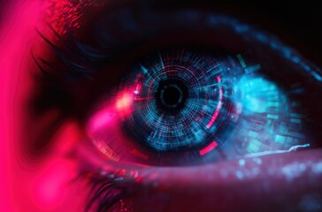 Human eye showing advanced technology and biometric scanning, representing digital identity, cybersecurity, and future vision
