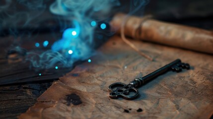 Fototapeta premium Antique key on aged paper with mystical smoke and glowing lights creating an enchanting atmosphere for storytelling or magic themes