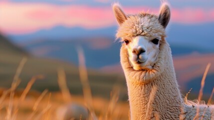 Obraz premium Cute alpaca portrait against a vibrant sunset backdrop with soft hills and golden grass in the foreground