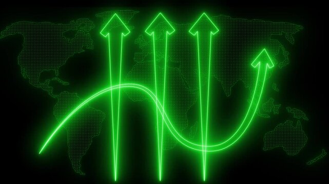 Business Data Animation with Glowing Neon Bars and Rising Arrows, Arrows Indicating Global Growth and Decline
