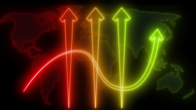 Business Data Animation with Glowing Neon Bars and Rising Arrows, Arrows Indicating Global Growth and Decline