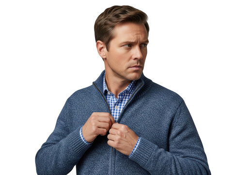 Man wearing a blue knitted sweater and checkered shirt, zipping up his sweater, looking to the side with a serious expression, isolated on transparent background