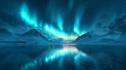 northern lights in night starry sky against background of mountains and lakes