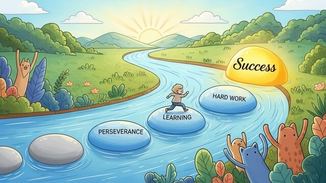 The illustrated path to achievement requires dedication, wisdom, and persistent effort