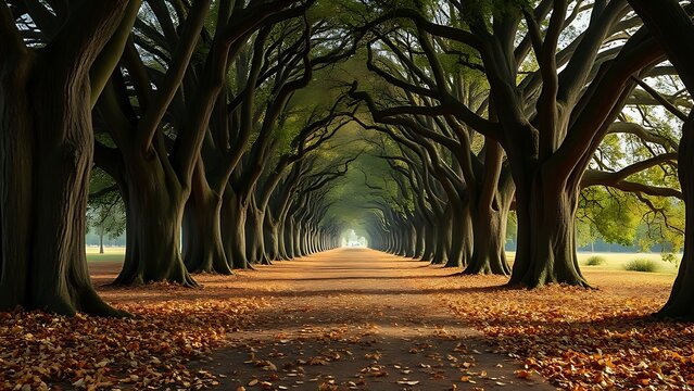 accuser. Avenue of ancient oak trees with a carpet of fallen leaves, dappled sunlight filtering through the canopy. travel magazines, destination branding, designed for travel destination branding.