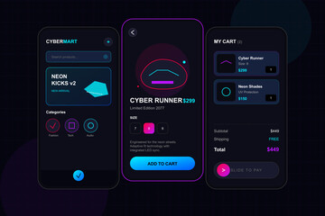 "A high-contrast, cyberpunk-inspired mobile application interface. The visual mood is sleek, immersive, and high-energy, utilizing a deep dark mode background punctuated by vibrant neon cyan 