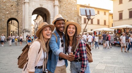 Happy tourists taking photo themselve