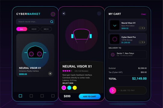 "A high-fidelity mockup of a futuristic mobile application interface featuring a dark 'night mode' palette with striking neon accents in cyan, pink, and yellow. The visual mood is sleek, immersive, an
