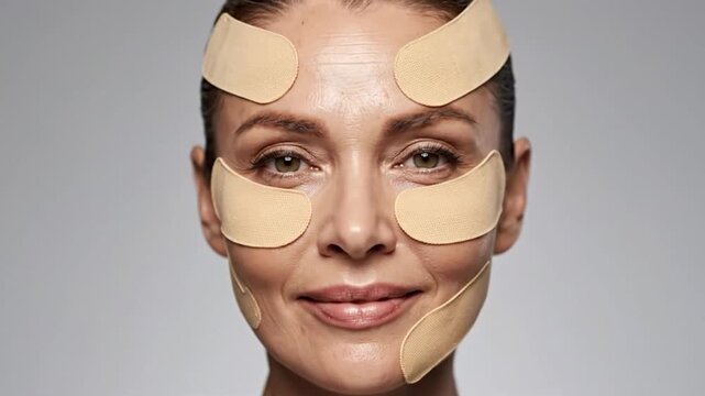 Portrait of a woman with facial patches for cosmetic purposes
