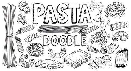 Hand Drawn Pasta Shapes Set featuring Farfalle Shells and Penne